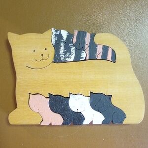 Painted Wood Cat & Kitten 2 Sided Puzzle.  Brown Black White Pink